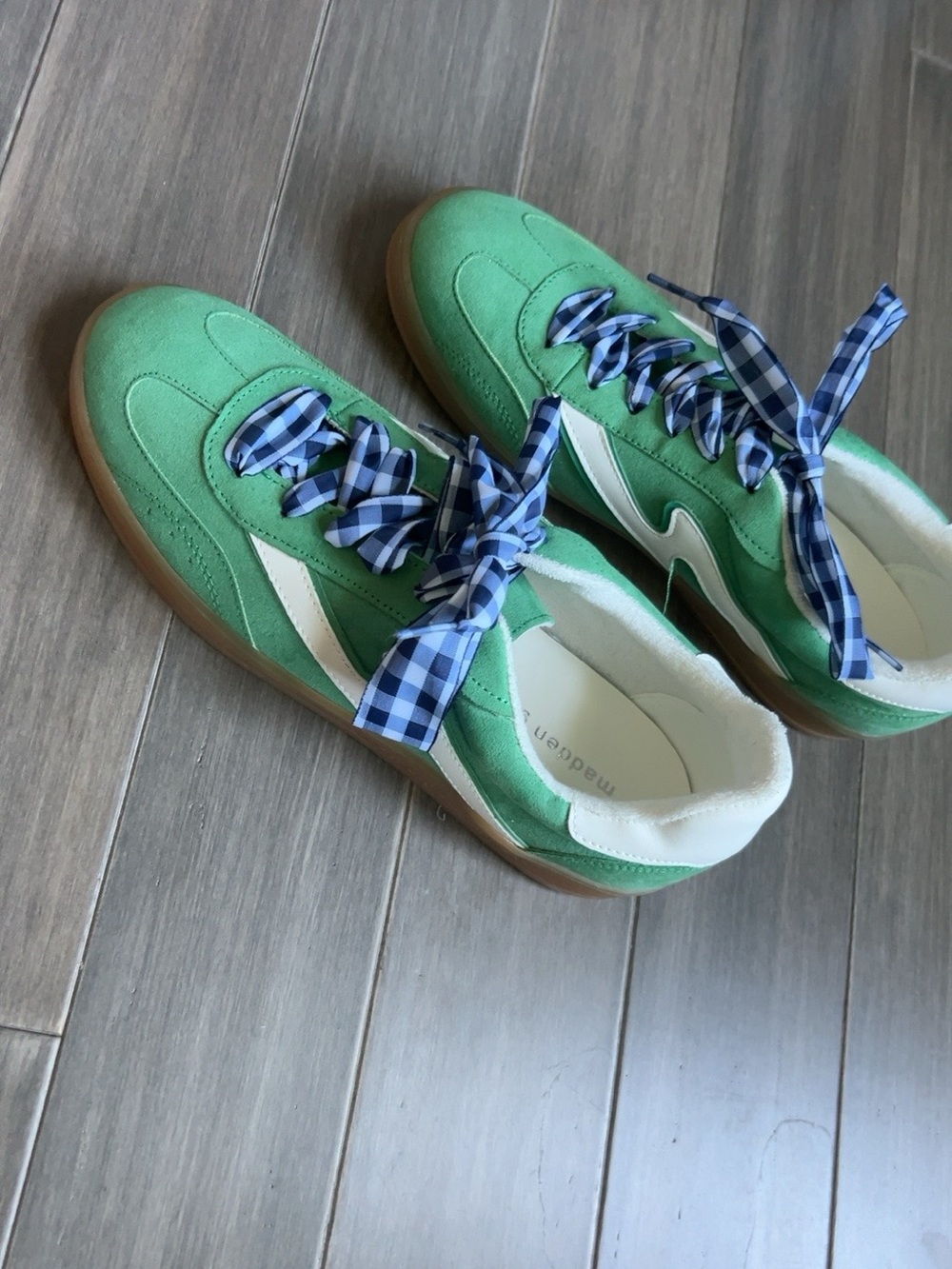 Madden Girl Green Suede Sneakers with White Accent and Blue Plaid Laces NWOT